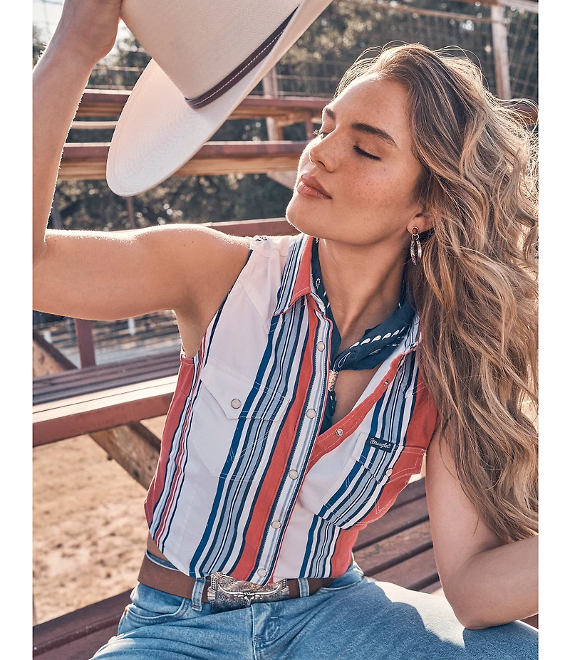 Wrangler® Americana Striped Slim Fitting Sleeveless Cropped Tank Top