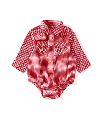 Wrangler® Baby Boys Long Sleeve Woven Plaid Printed Bodysuit