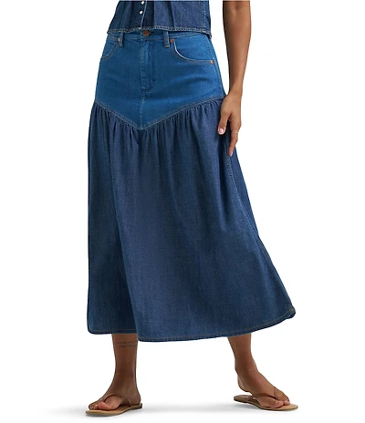 Wrangler Basque Waist High-Rise Mixed-Media Denim Midi Skirt