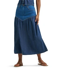 Wrangler Basque Waist High-Rise Mixed-Media Denim Midi Skirt