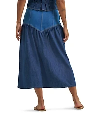 Wrangler Basque Waist High-Rise Mixed-Media Denim Midi Skirt
