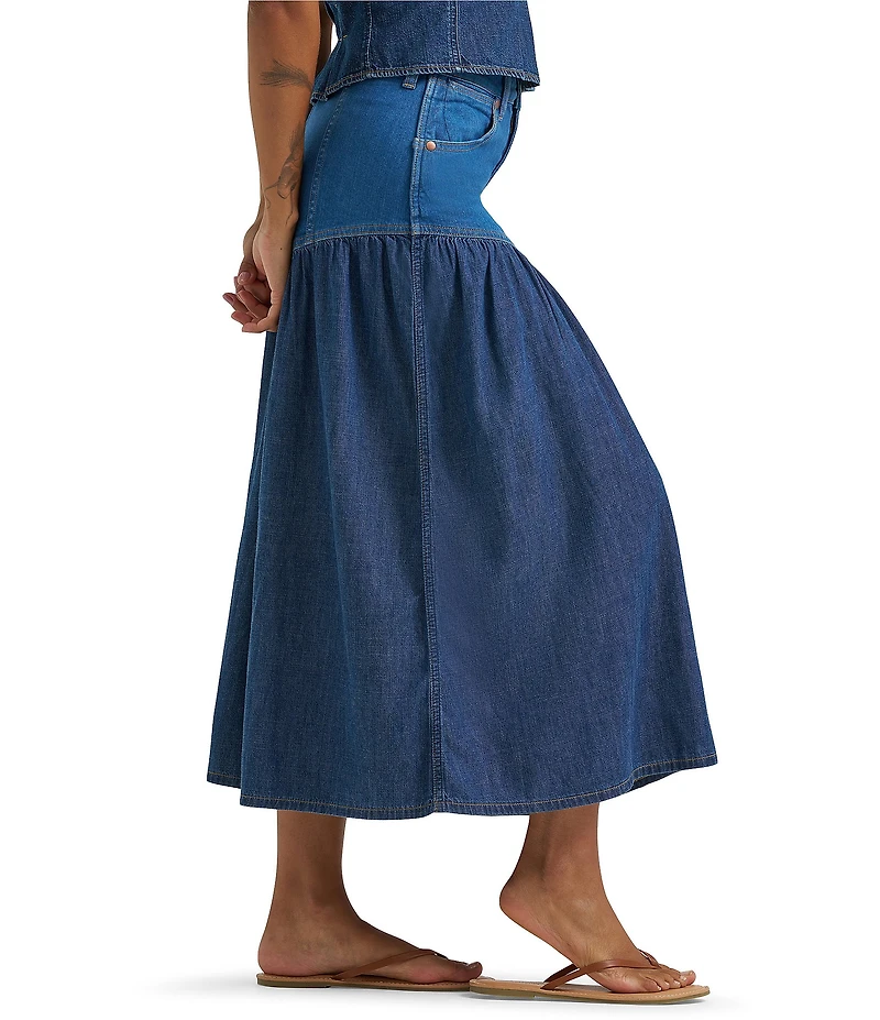 Wrangler Basque Waist High-Rise Mixed-Media Denim Midi Skirt