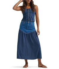 Wrangler Basque Waist High-Rise Mixed-Media Denim Midi Skirt