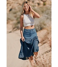Wrangler Basque Waist High-Rise Mixed-Media Denim Midi Skirt