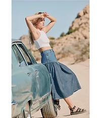 Wrangler Basque Waist High-Rise Mixed-Media Denim Midi Skirt