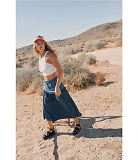 Wrangler Basque Waist High-Rise Mixed-Media Denim Midi Skirt