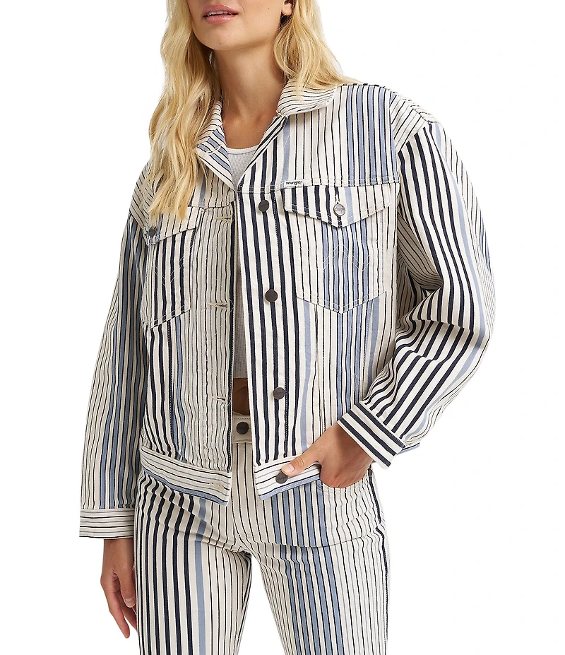 Wrangler Cowgirl Cut Stripe Print Spread Collar Long Sleeve Coordinating Denim Jacket