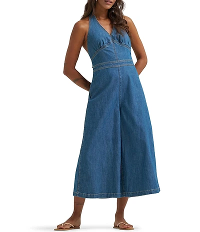 Wrangler Culotte Halter Neck Sleeveless Cropped Wide-Leg Denim Jumpsuit