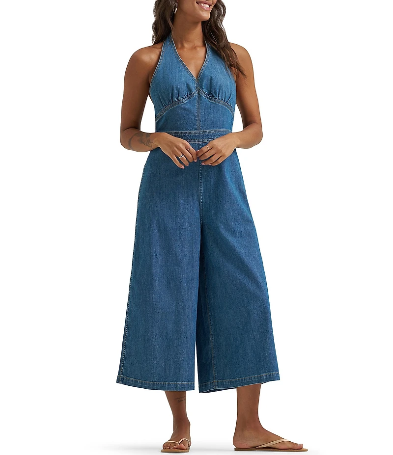 Wrangler Culotte Halter Neck Sleeveless Cropped Wide-Leg Denim Jumpsuit