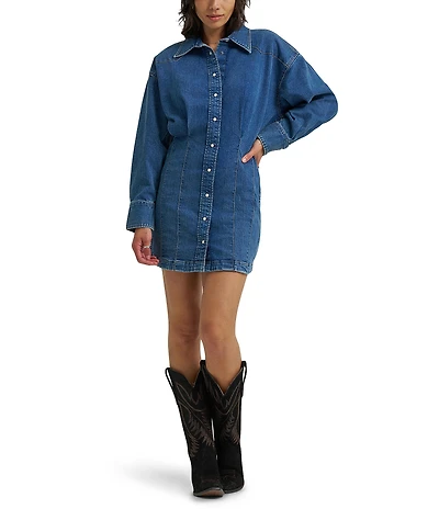 Wrangler Darted Skirt Collar Neckline Long Sleeve Denim Mini Dress