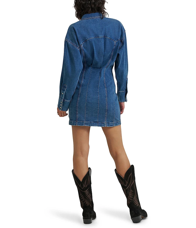 Wrangler Darted Skirt Collar Neckline Long Sleeve Denim Mini Dress