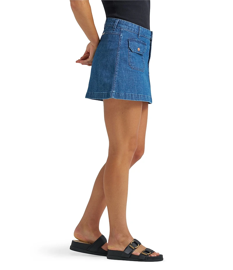 Wrangler High Rise Flap Front Pocket A-Line Denim Mini Skirt