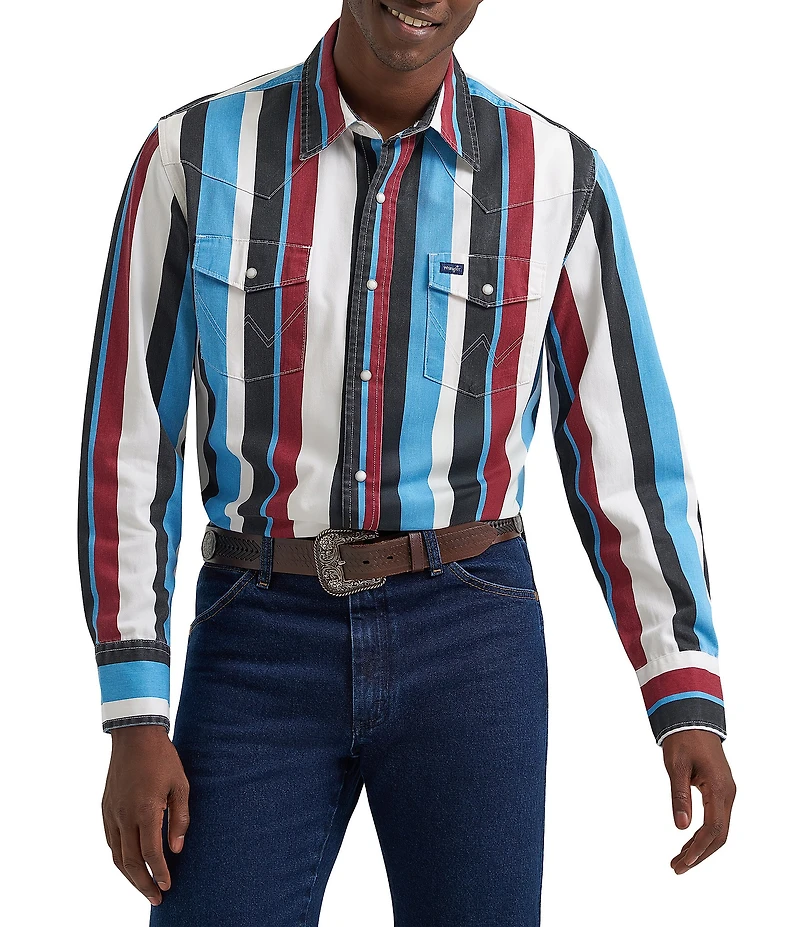 Wrangler® Long Sleeve Brushpopper Striped Denim Western Shirt