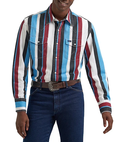 Wrangler® Long Sleeve Brushpopper Striped Denim Western Shirt