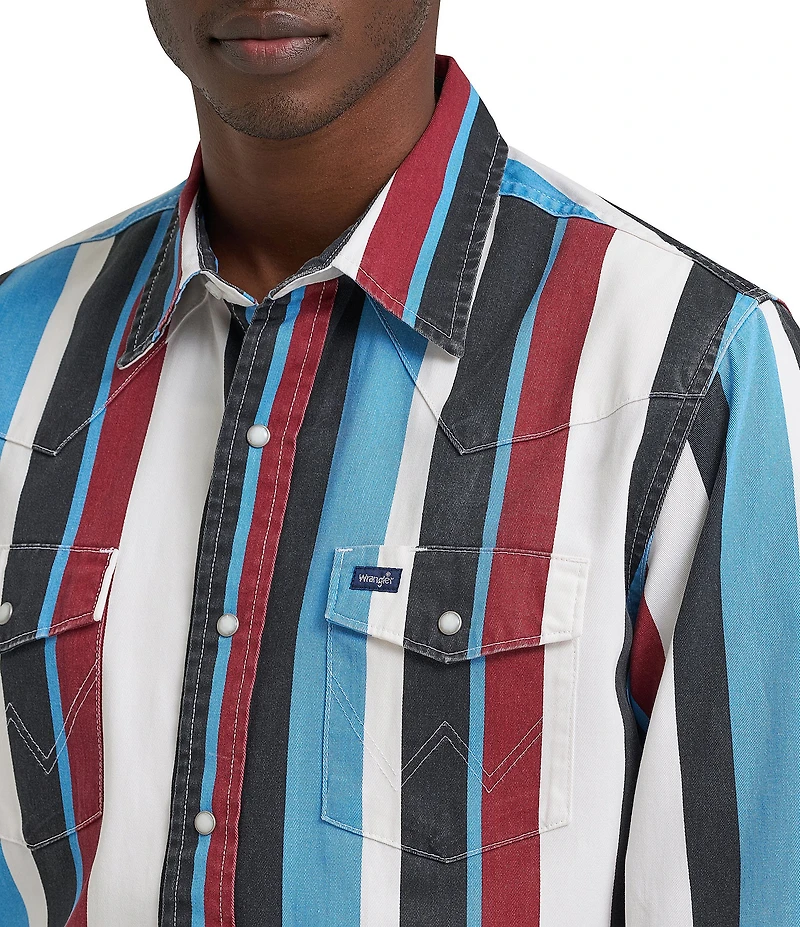 Wrangler® Long Sleeve Brushpopper Striped Denim Western Shirt