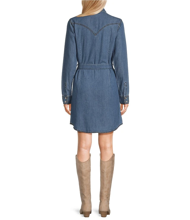 dillards denim shirt dress BCBG Women's Collared Neck Mini Denim Dress - Light Indigo