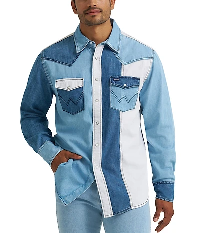 Wrangler® Long Sleeve Striped Denim Western Shirt