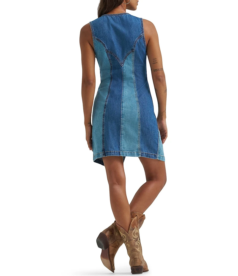 Wrangler Patchwork V-Neck Sleeveless Button Front Denim Vest Mini Dress