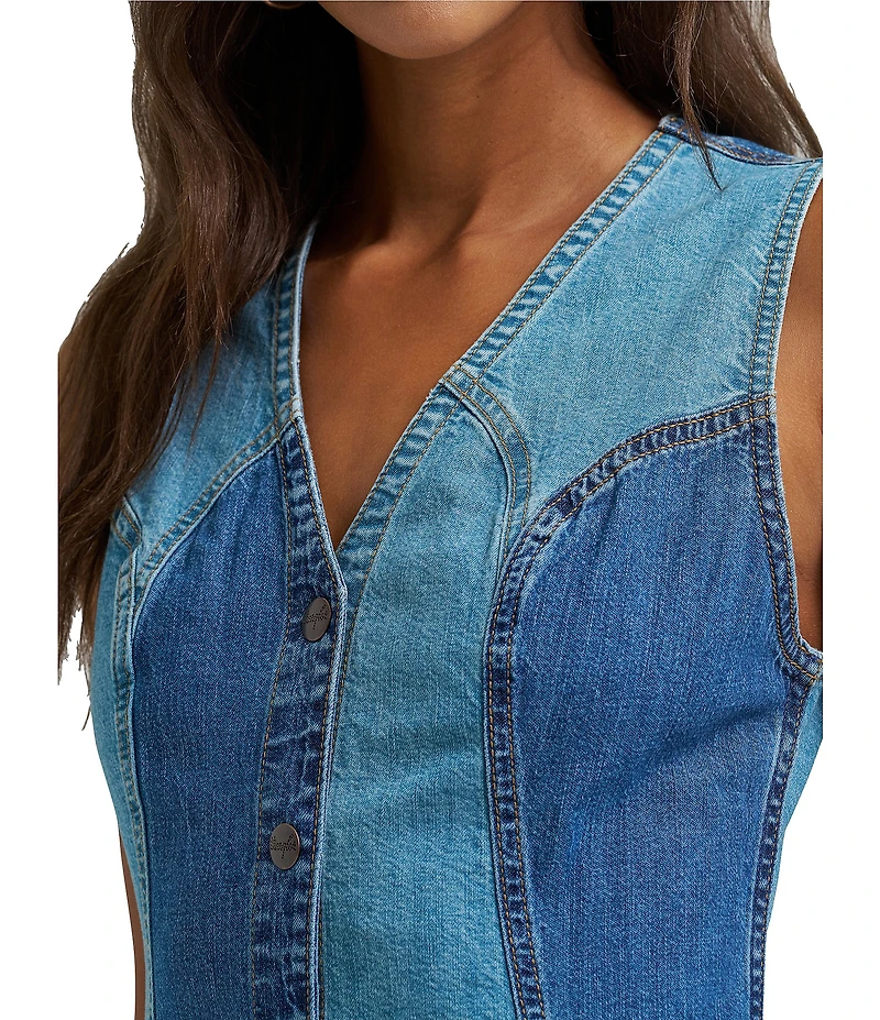 Wrangler Patchwork V-Neck Sleeveless Button Front Denim Vest Mini Dress