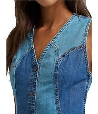 Wrangler Patchwork V-Neck Sleeveless Button Front Denim Vest Mini Dress