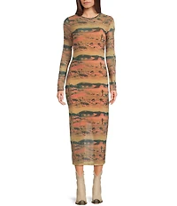Wrangler® Retro® Desert Landscape Printed Long Sleeve Mesh Midi Dress
