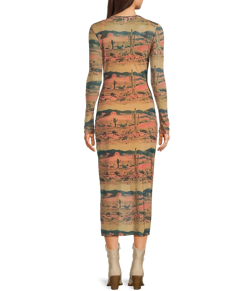 Wrangler® Retro® Desert Landscape Printed Long Sleeve Mesh Midi Dress