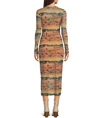Wrangler® Retro® Desert Landscape Printed Long Sleeve Mesh Midi Dress