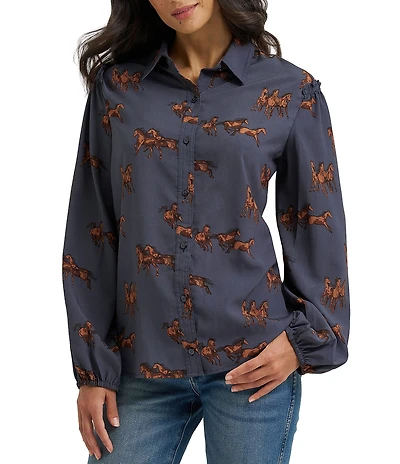 Wrangler® Retro® Horse Printed Long Sleeve Woven Western Shirt