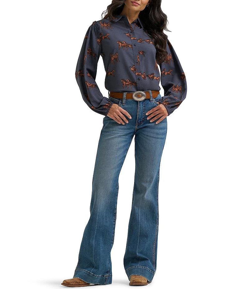 Wrangler® Retro® Horse Printed Long Sleeve Woven Western Shirt