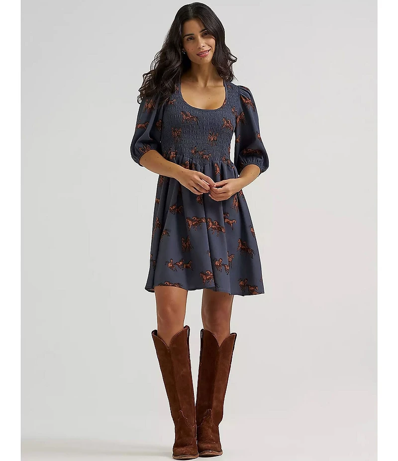 Wrangler® Retro® Horse Printed Puffed Sleeve Chiffon Dress
