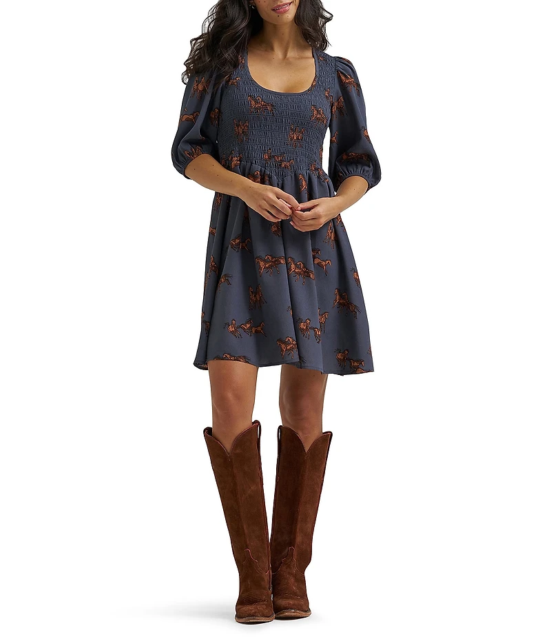 Wrangler® Retro® Horse Printed Puffed Sleeve Chiffon Dress