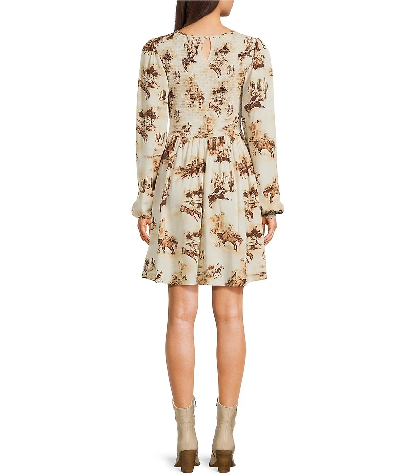 Wrangler® Retro® Western-Inspired Printed Long Sleeve Smocked Fit and Flare Dress