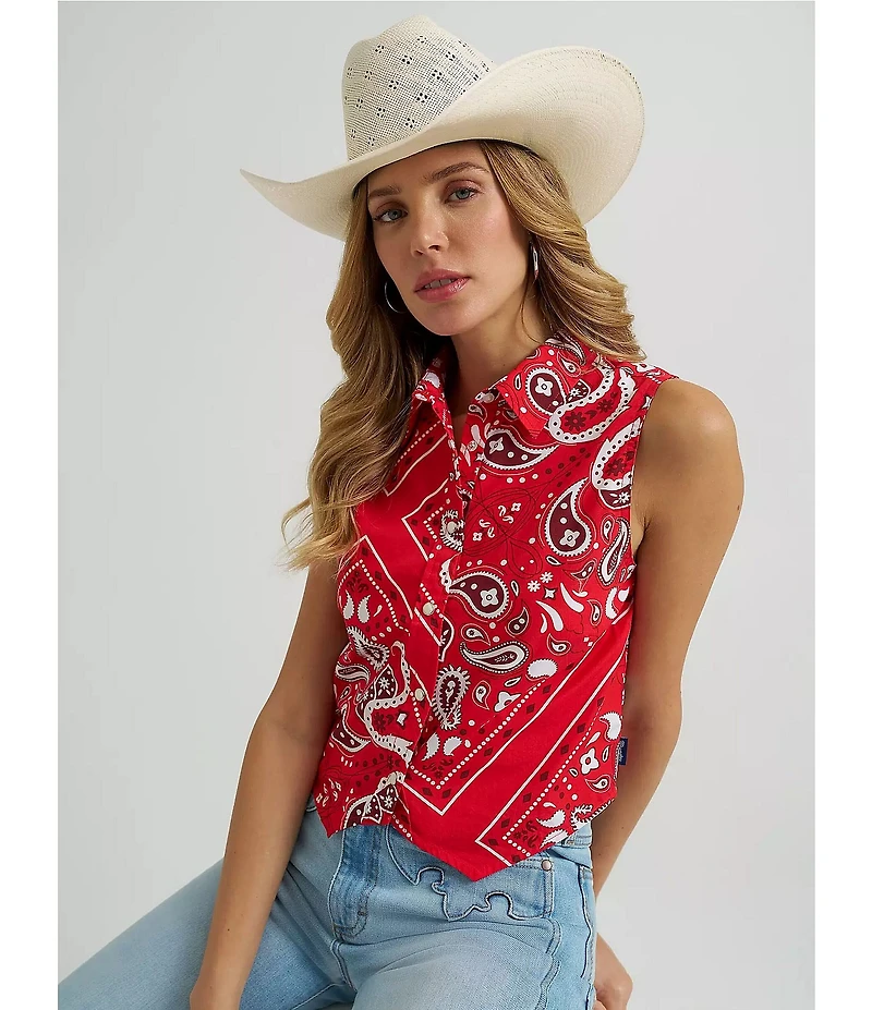 Wrangler Sleeveless Bandana Print Snap Front Shirt