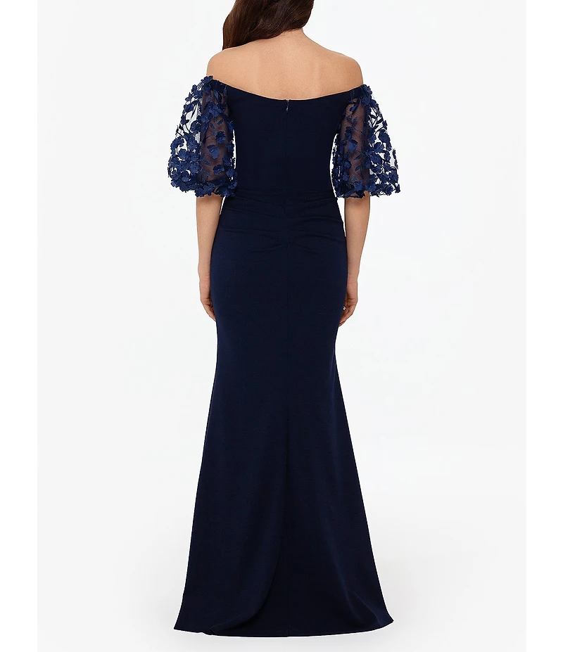 Xscape 3D Flower Applique Off-the-Shoulder Short Puffed Sleeve Scuba Crepe Sheath Gown