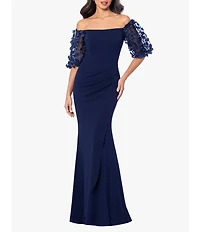 Xscape 3D Flower Applique Off-the-Shoulder Short Puffed Sleeve Scuba Crepe Sheath Gown