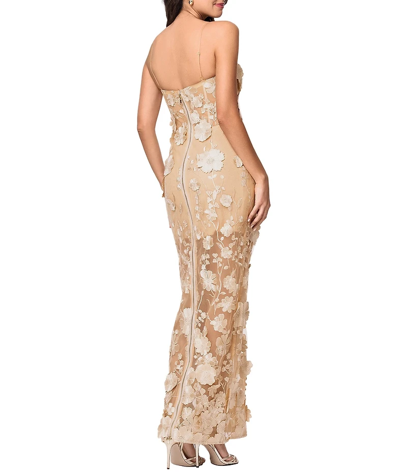 Xscape 3D Flower Applique Mesh Square Neck Sleeveless Sheath Dress