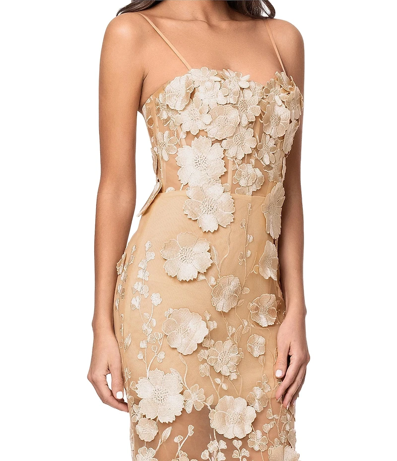Xscape 3D Flower Applique Mesh Square Neck Sleeveless Sheath Dress