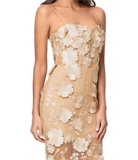 Xscape 3D Flower Applique Mesh Square Neck Sleeveless Sheath Dress