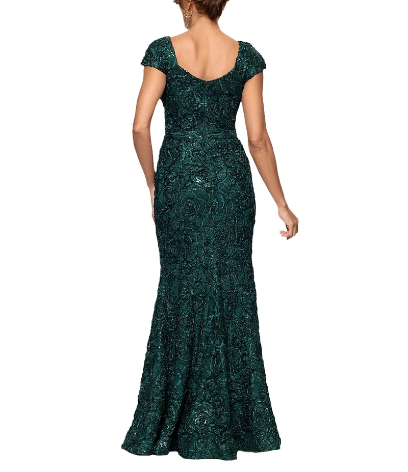 Xscape Asymmetrical Neck Sequin Soutache Lace Cap Sleeve Gown