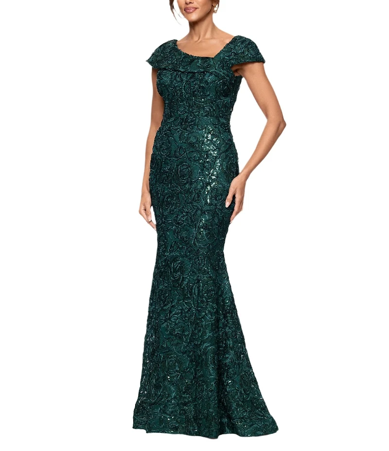 Xscape Asymmetrical Neck Sequin Soutache Lace Cap Sleeve Gown