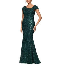 Xscape Asymmetrical Neck Sequin Soutache Lace Cap Sleeve Gown