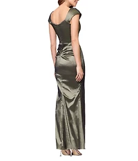 Xscape Asymmetrical Neck Taffeta Gown