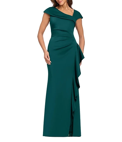 Xscape Asymmetrical Neckline Cap Sleeve Ruched Ruffle Front Scuba Crepe Gown