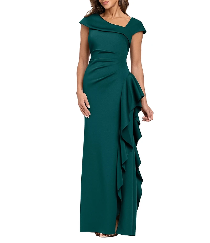 Xscape Asymmetrical Neckline Cap Sleeve Ruched Ruffle Front Scuba Crepe Gown