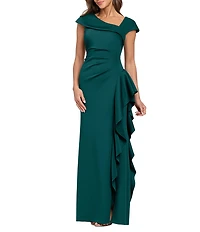 Xscape Asymmetrical Neckline Cap Sleeve Ruched Ruffle Front Scuba Crepe Gown