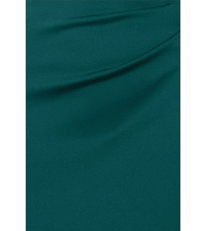 Xscape Asymmetrical Neckline Cap Sleeve Ruched Ruffle Front Scuba Crepe Gown