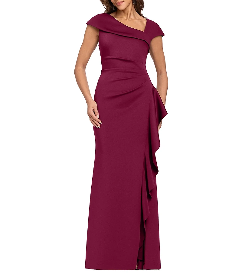 Xscape Asymmetrical Neckline Cap Sleeve Ruched Ruffle Front Scuba Crepe Gown