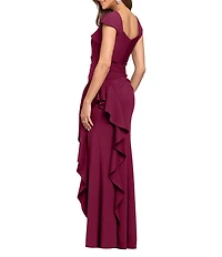 Xscape Asymmetrical Neckline Cap Sleeve Ruched Ruffle Front Scuba Crepe Gown