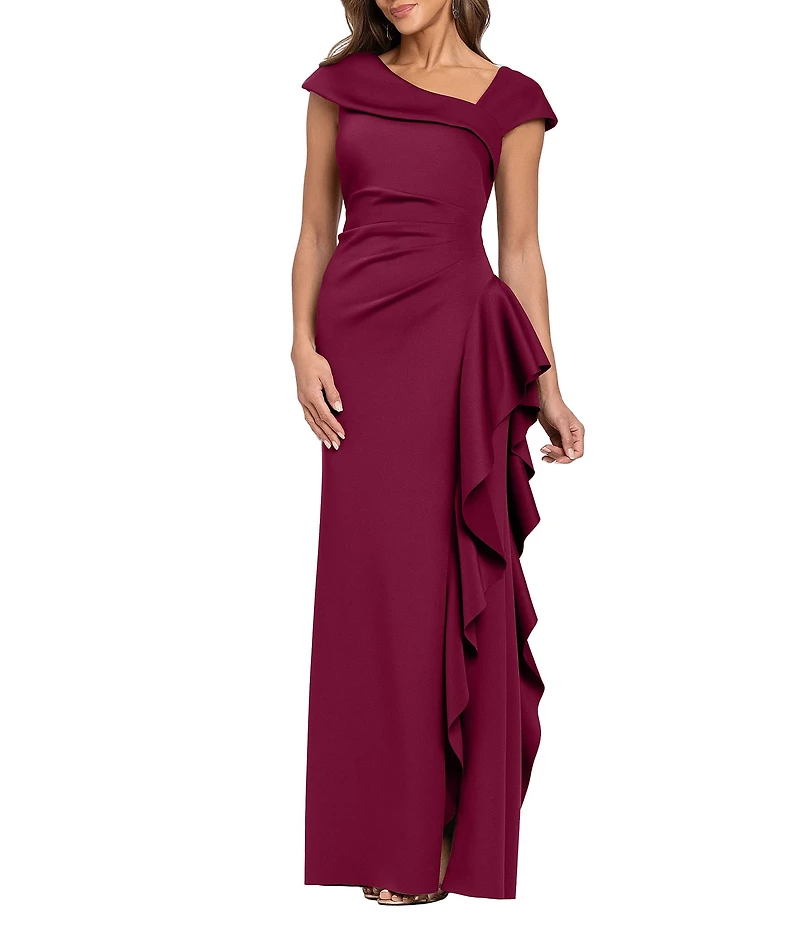Xscape Asymmetrical Neckline Cap Sleeve Ruched Ruffle Front Scuba Crepe Gown