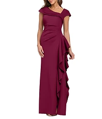 Xscape Asymmetrical Neckline Cap Sleeve Ruched Ruffle Front Scuba Crepe Gown